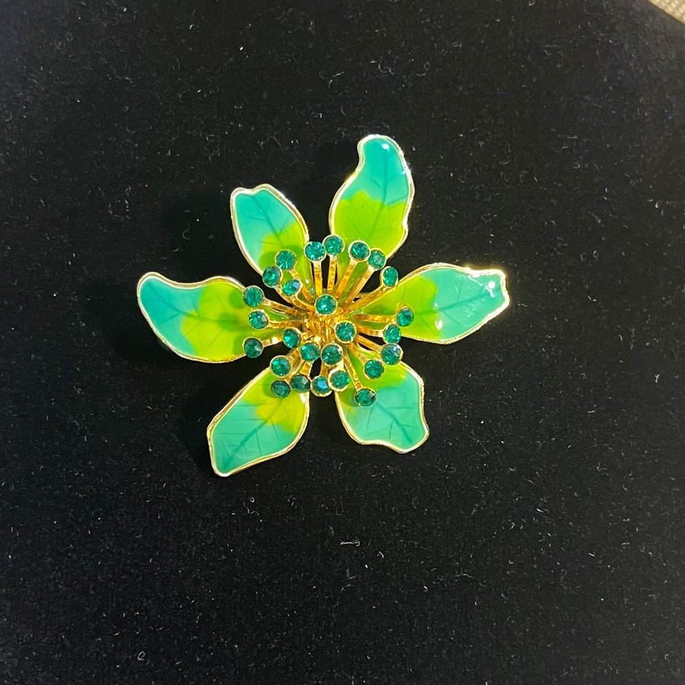 Green Enamel & Rhinestone Brooch
